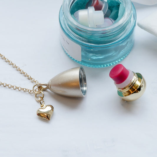 NEW! DECEMBER 2025 Lexi Heart Dual Finish Refillable Lip Balm Necklace — Satin Top & Polished Bottom | LiLu Lip CareCare