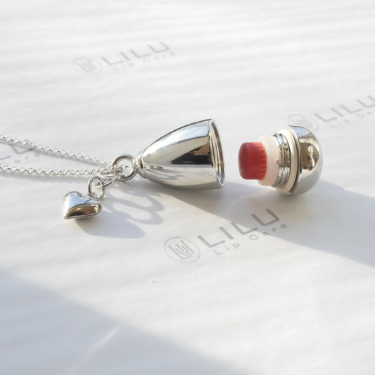 LiLu Lip Balm Necklace LEXI SILVER w/ HEART CHARM includes 8 Refills or DIY Refills Use Your Balm