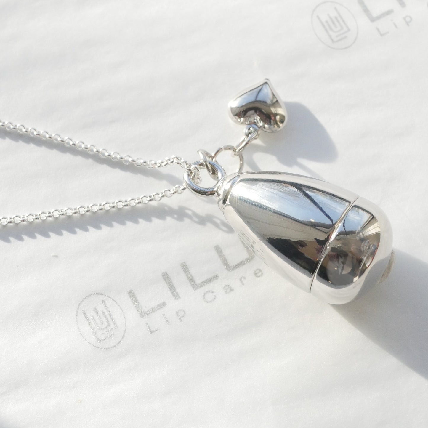 LiLu Lip Balm Necklace LEXI SILVER w/ HEART CHARM includes 8 Refills or DIY Refills Use Your Balm