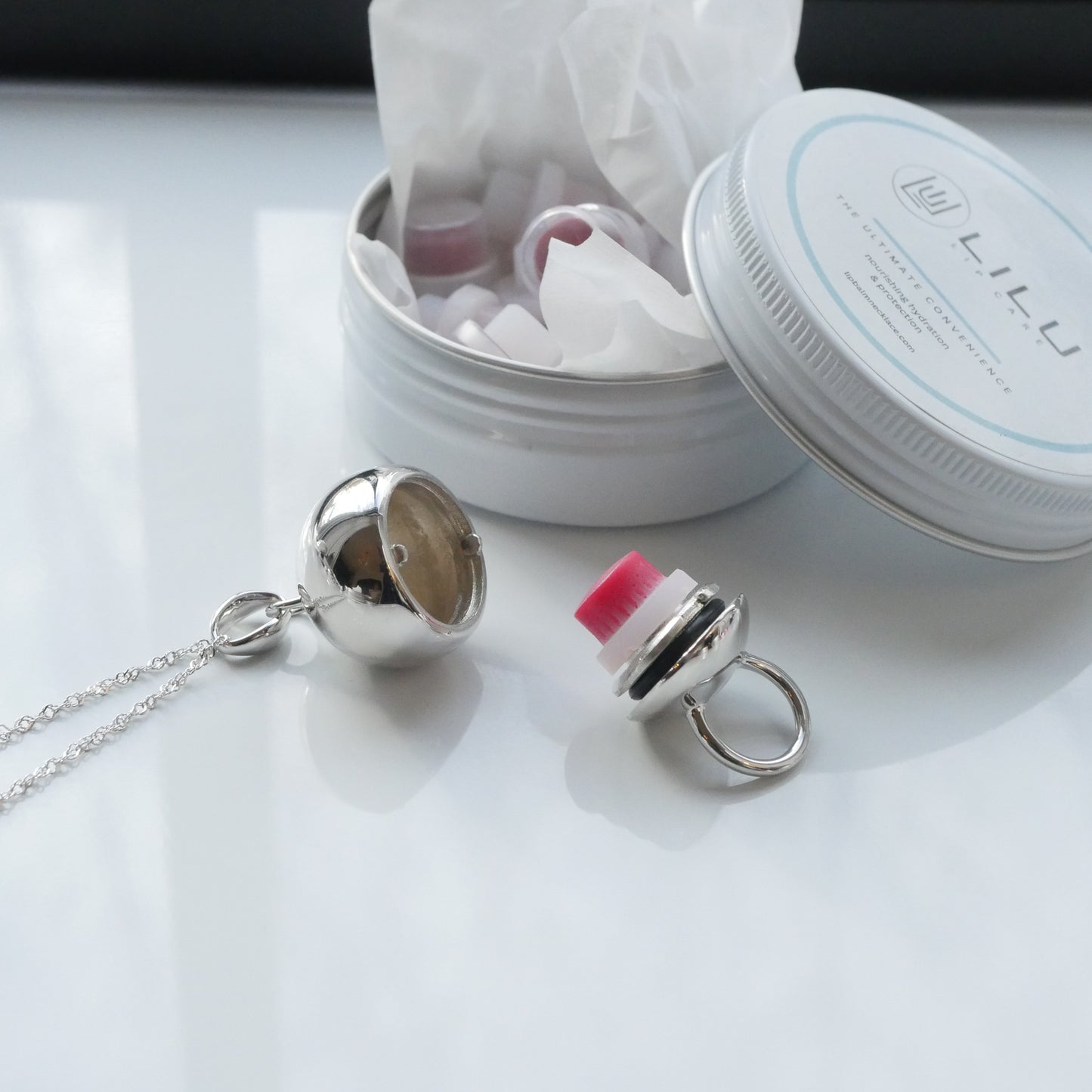 LiLu Lip Balm Necklace KIRA STERLING SILVER with 8 Refills or DIY Refills - Use Your Balm